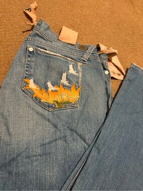 indie Light Blue baggy Jeans with Orange Embroidered Pocket Detail